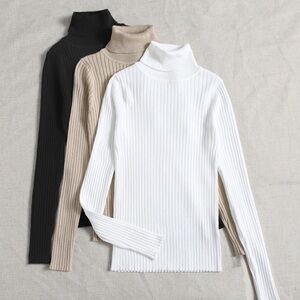 SHEIN Set of three Women's Ribbed Turtleneck Sweater - Black, Tan, White